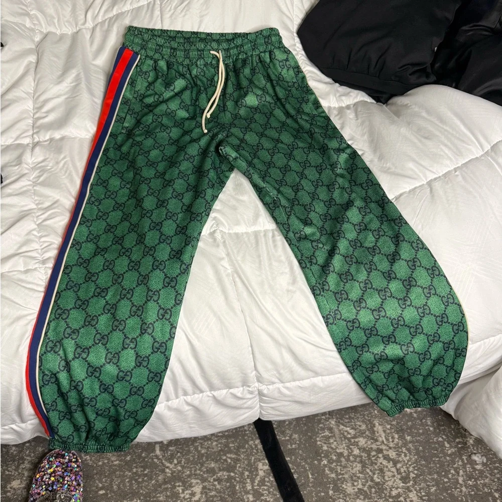GUCCI - Webbing-Trimmed Monogrammed Tech-Jersey Track Pants - Green 2X - Picture 2 of 13